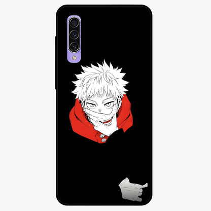 Crimson Chaos Smile Glass Case showing flat back view with bold chaotic smile artwork and glossy glass finish.