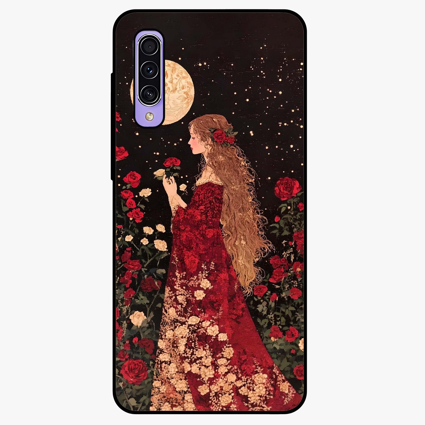 Crimson Dreams Glass Case showing flat back view with dreamy crimson artwork and glossy glass finish.