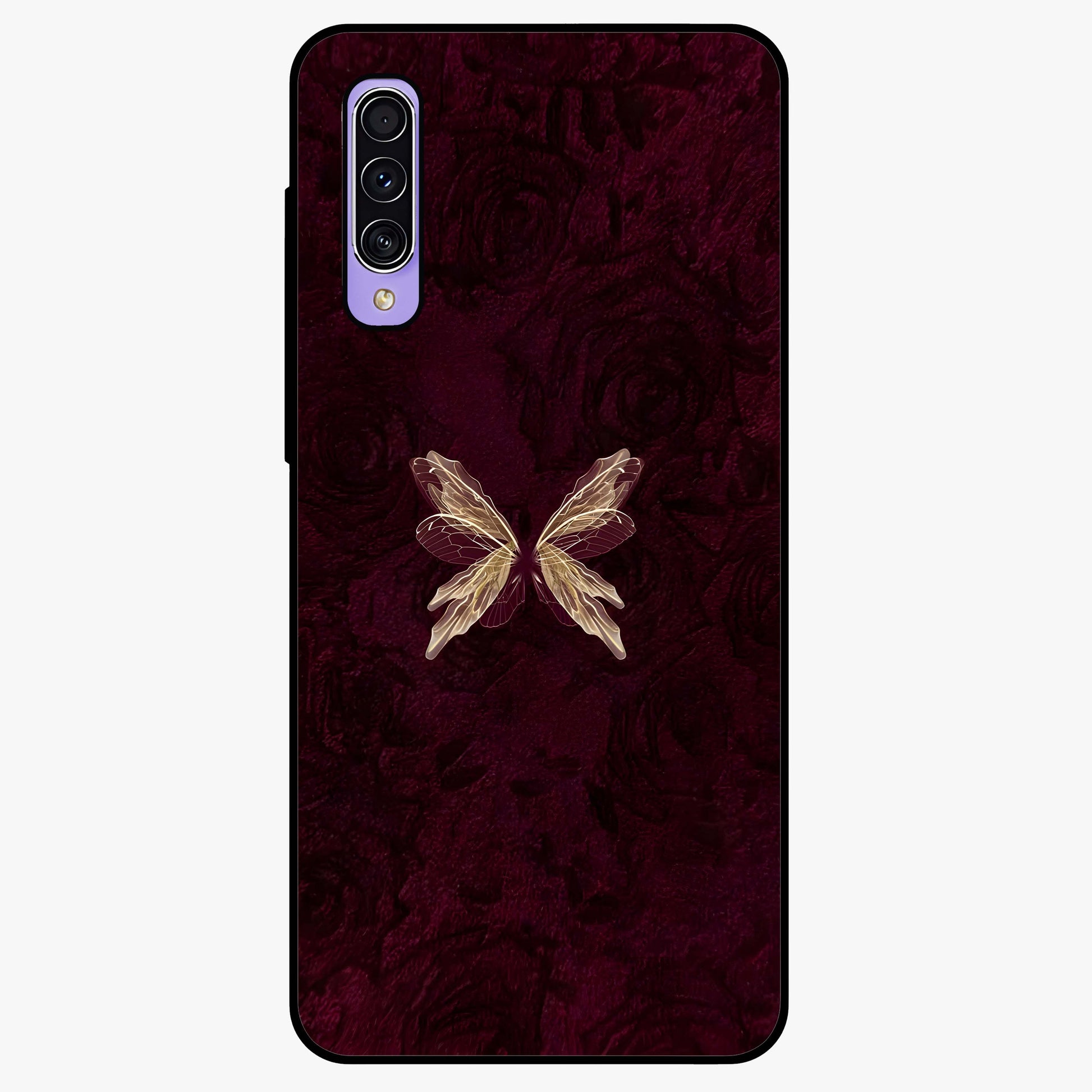 Crimson Fade Butterfly Glass Case showing flat back view with fading butterfly artwork and glossy glass finish.
