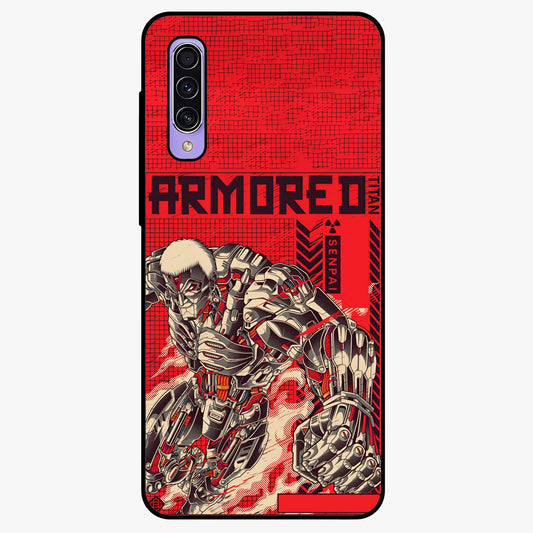 Crimson Mecha Titan Glass Case showing flat back view with powerful mech titan artwork and glossy glass finish.