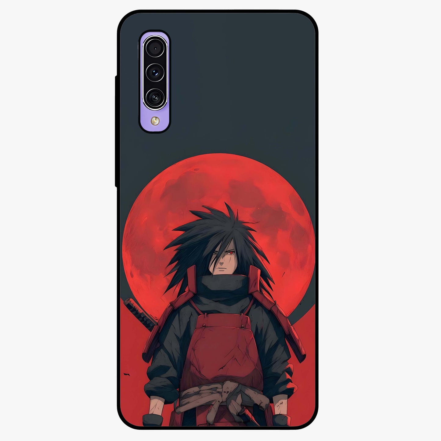 Crimson Moon Warlord Glass Case showing flat back view with mystical moon warrior artwork and glossy glass finish.