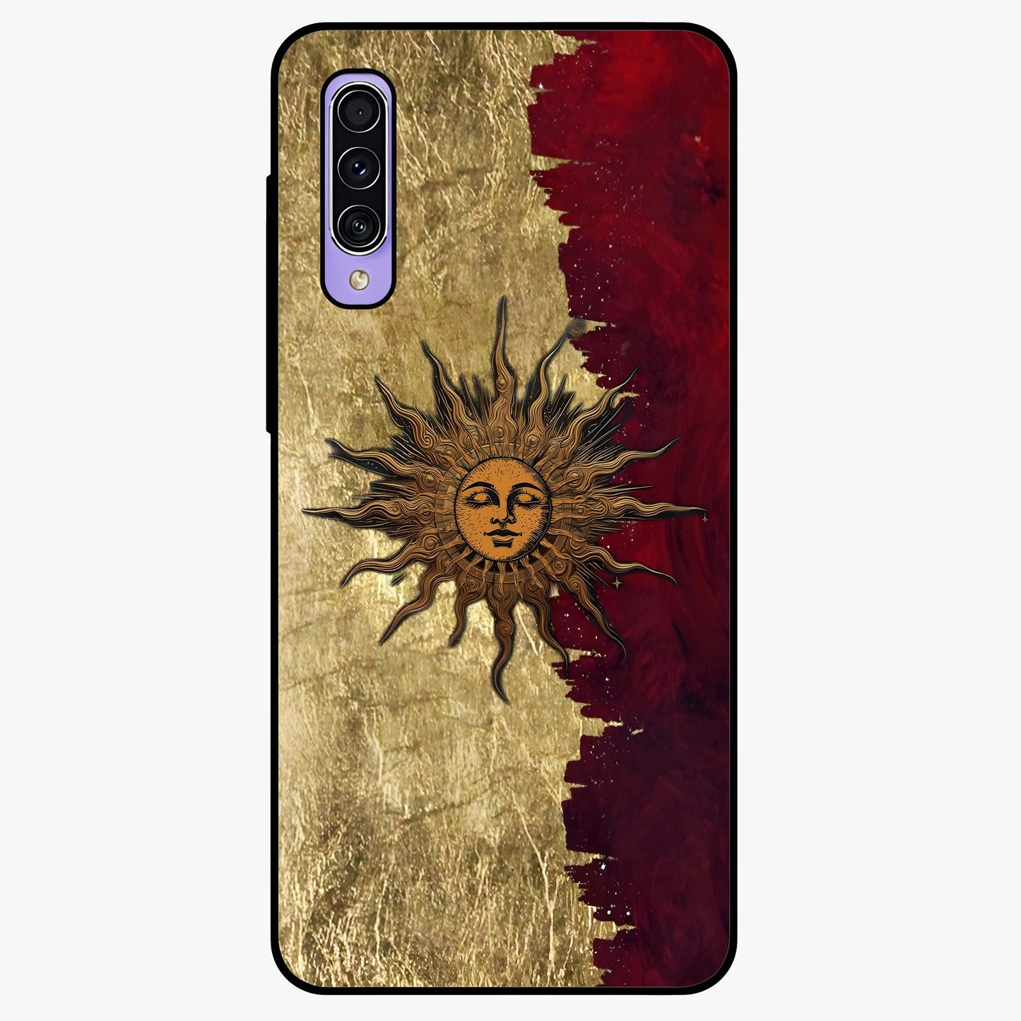 Crimson Sun Majesty Glass Case showing flat back view with radiant sun inspired artwork and glossy glass finish.