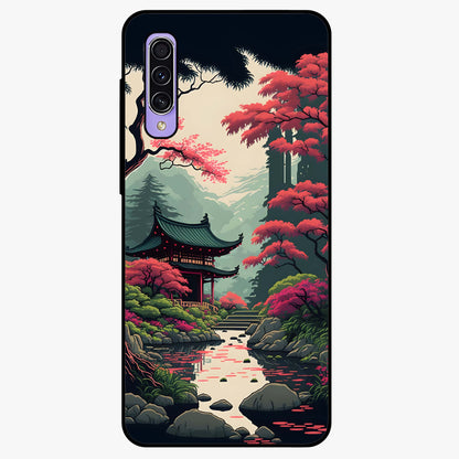 Crimson Temple View Glass Case showing flat back view with temple inspired artwork and glossy glass finish.