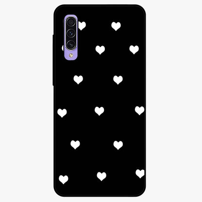 Cute And Simple White Hearts Glass Case showing flat back view with minimal white heart pattern and glossy glass finish.