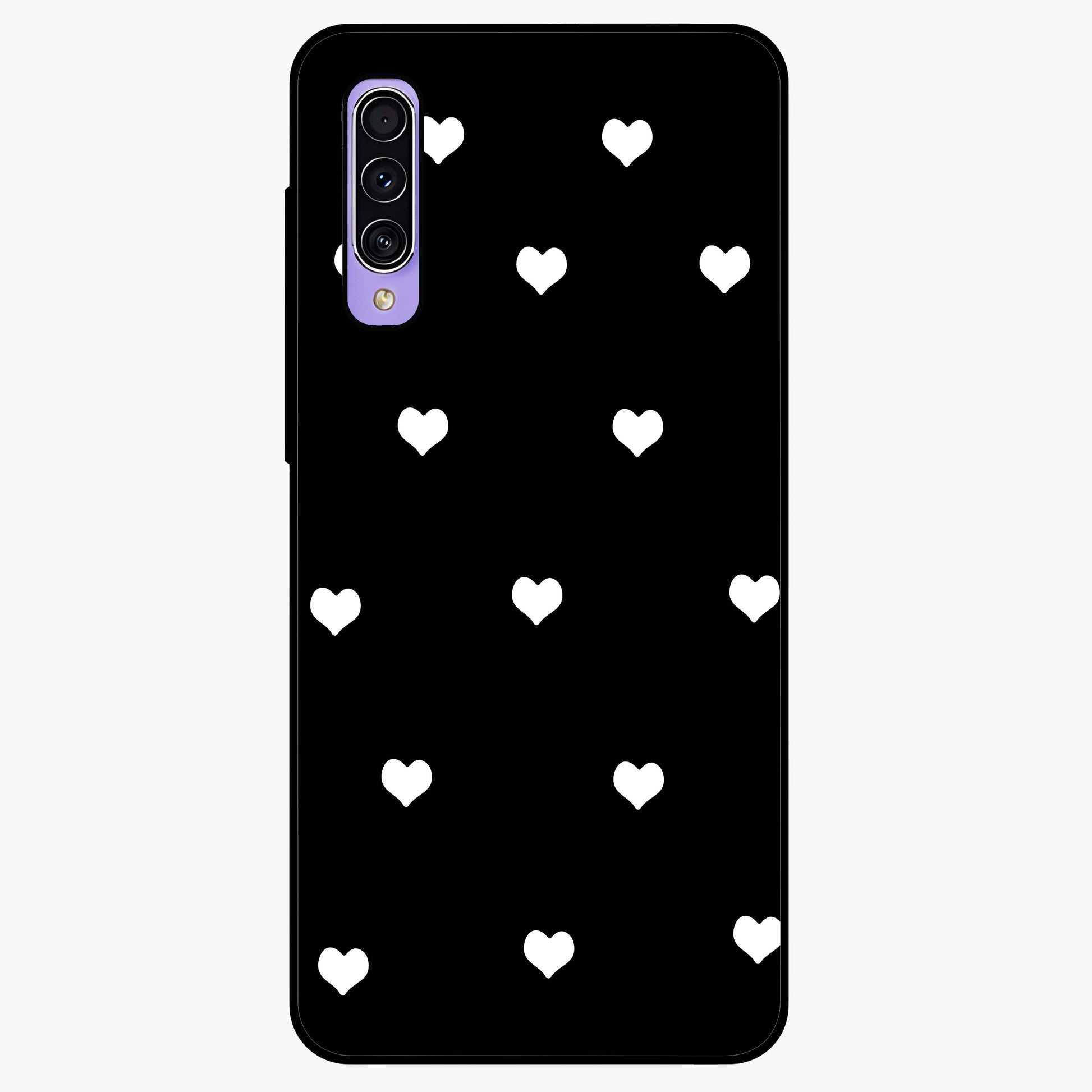 Cute And Simple White Hearts Glass Case showing flat back view with minimal white heart pattern and glossy glass finish.