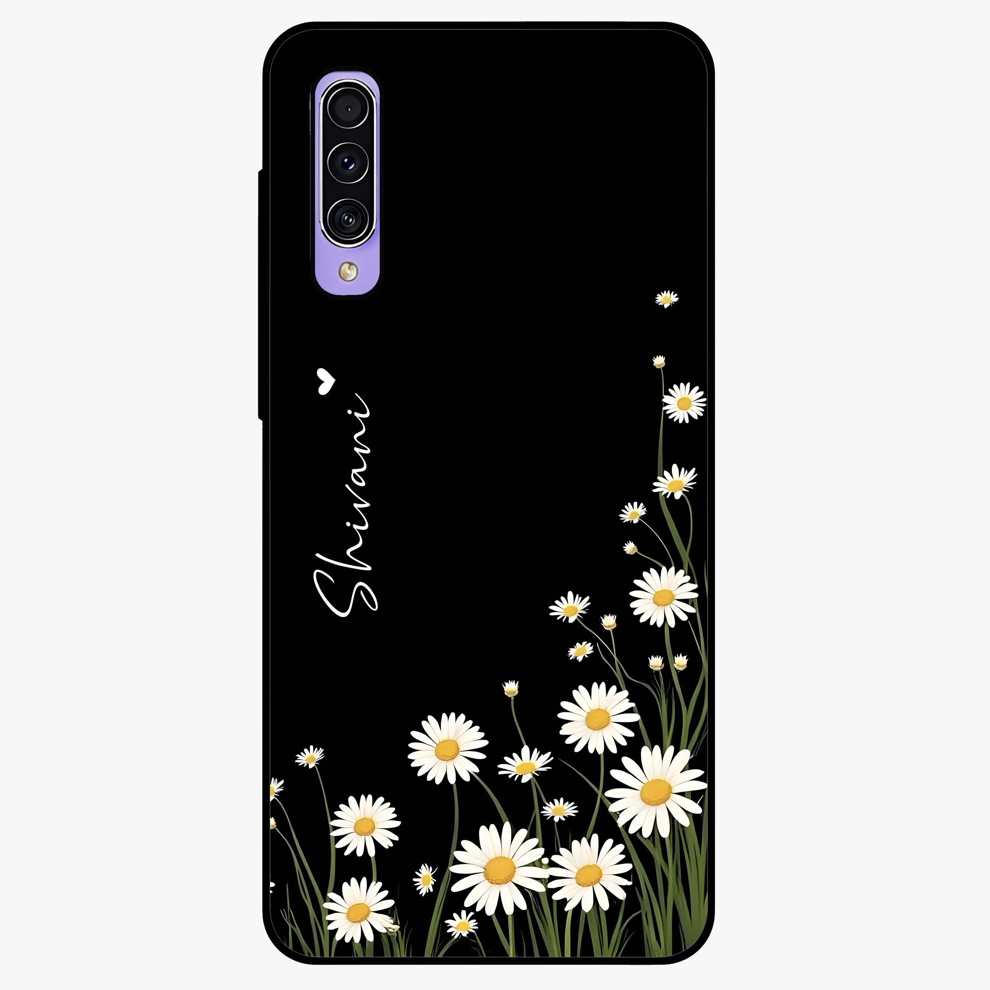Daisy Cascade Custom Name Glass Case showing flat back view with cascading daisy flowers and personalized name design.