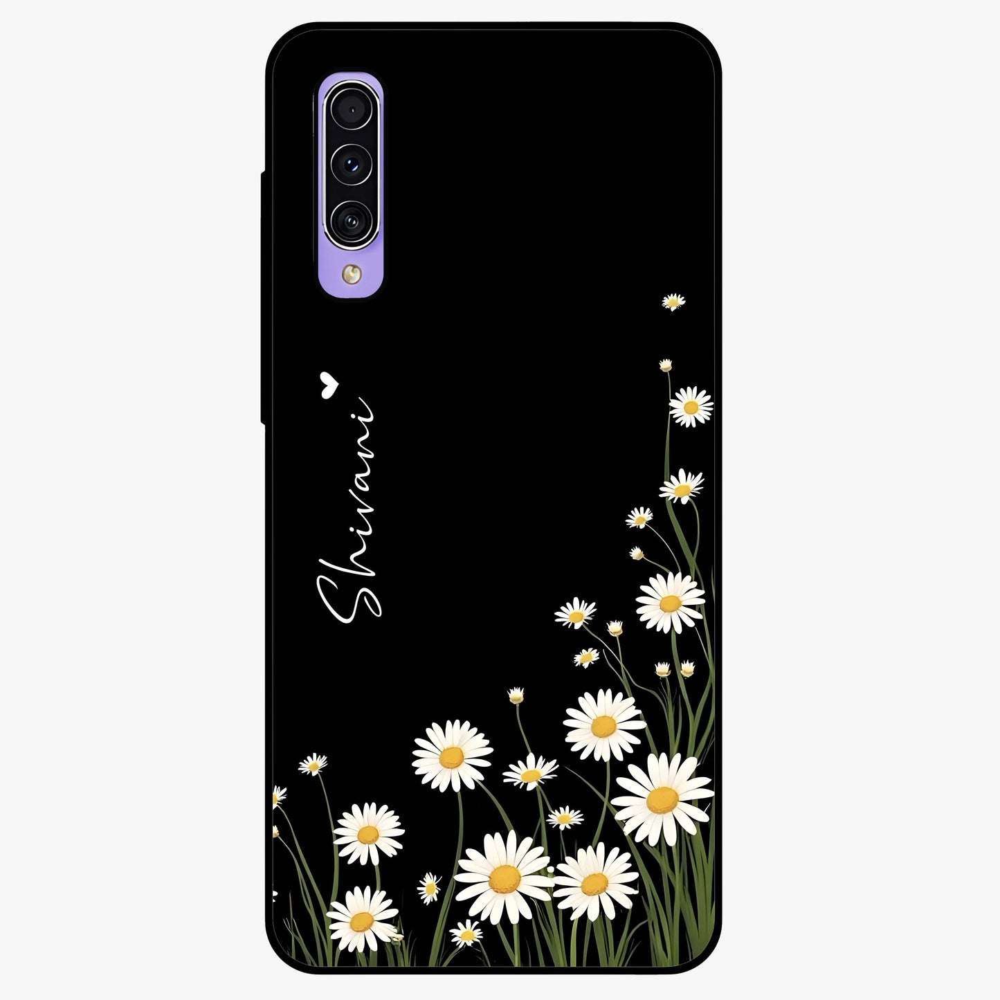 Daisy Cascade Custom Name Glass Case showing flat back view with cascading daisy flowers and personalized name design.