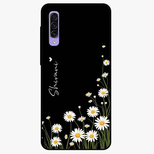 Daisy Cascade Custom Name Glass Case showing flat back view with cascading daisy flowers and personalized name design.