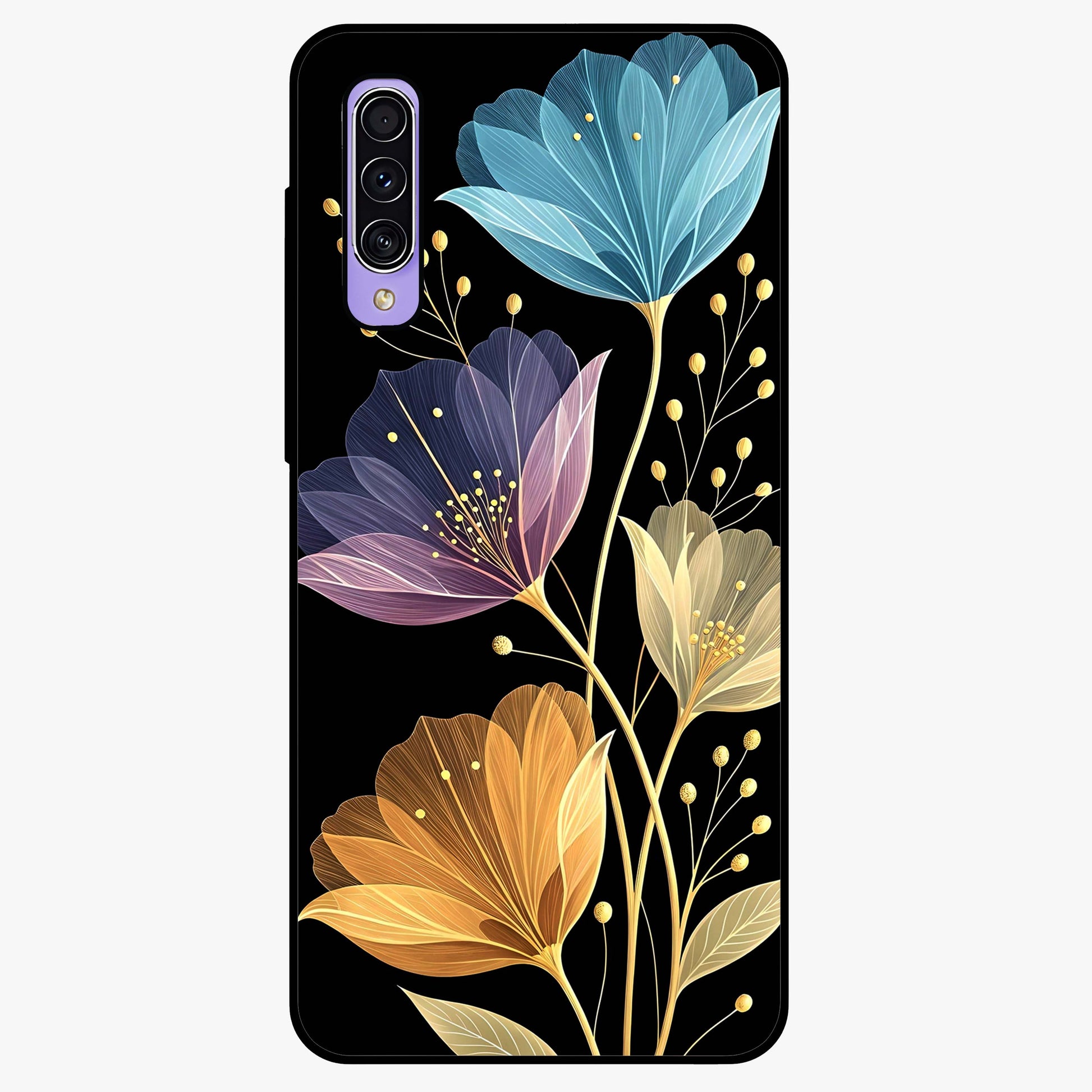 Delicate Multicolor Flowers Glass Case showing flat back view with vibrant floral artwork and glossy glass finish.