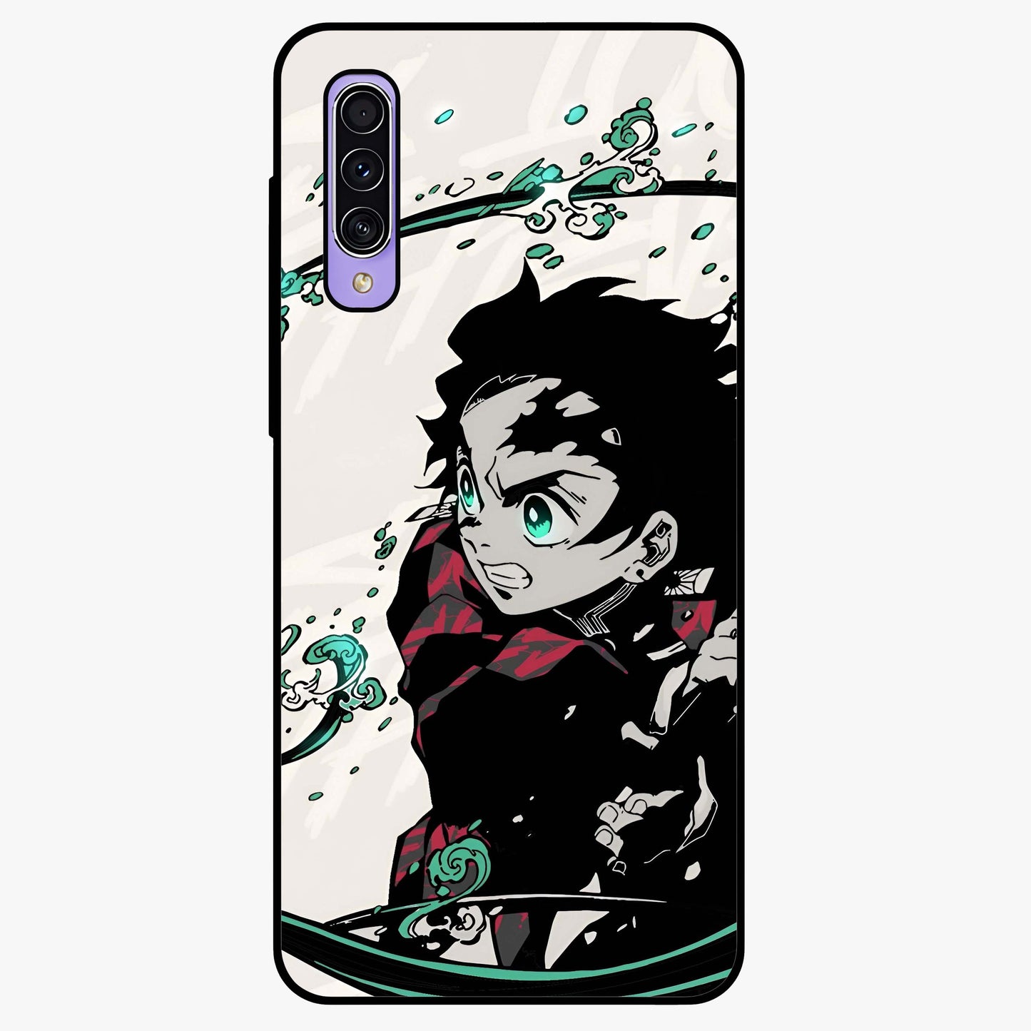 Demon Slayer Glass Case showing flat back view with bold anime inspired artwork and glossy glass finish.