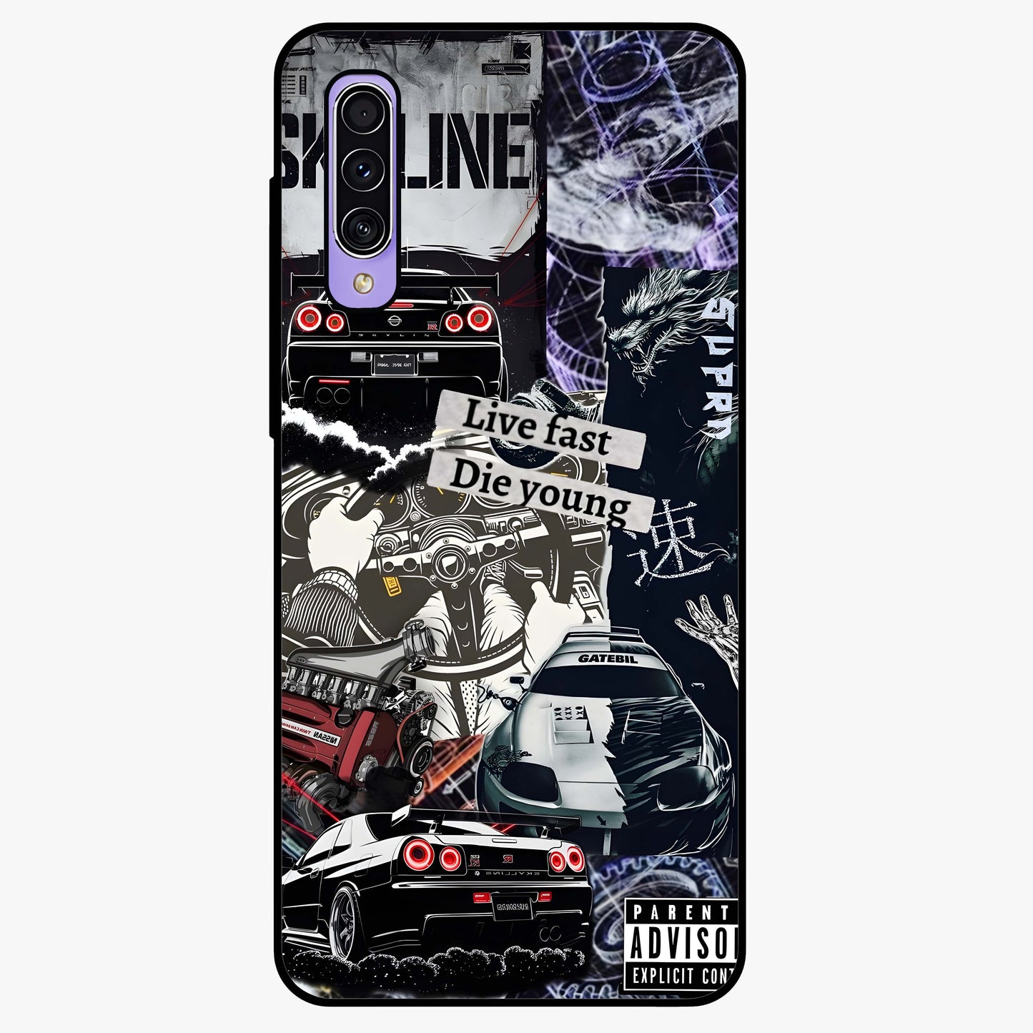 Die Young Glass Case showing flat back view with bold artistic typography design and glossy glass finish.