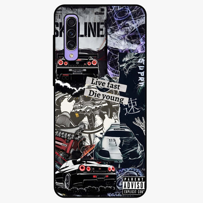 Die Young Glass Case showing flat back view with bold artistic typography design and glossy glass finish.