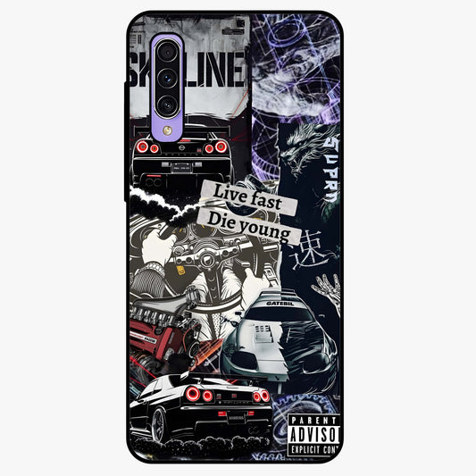 Die Young Glass Case showing flat back view with bold artistic typography design and glossy glass finish.
