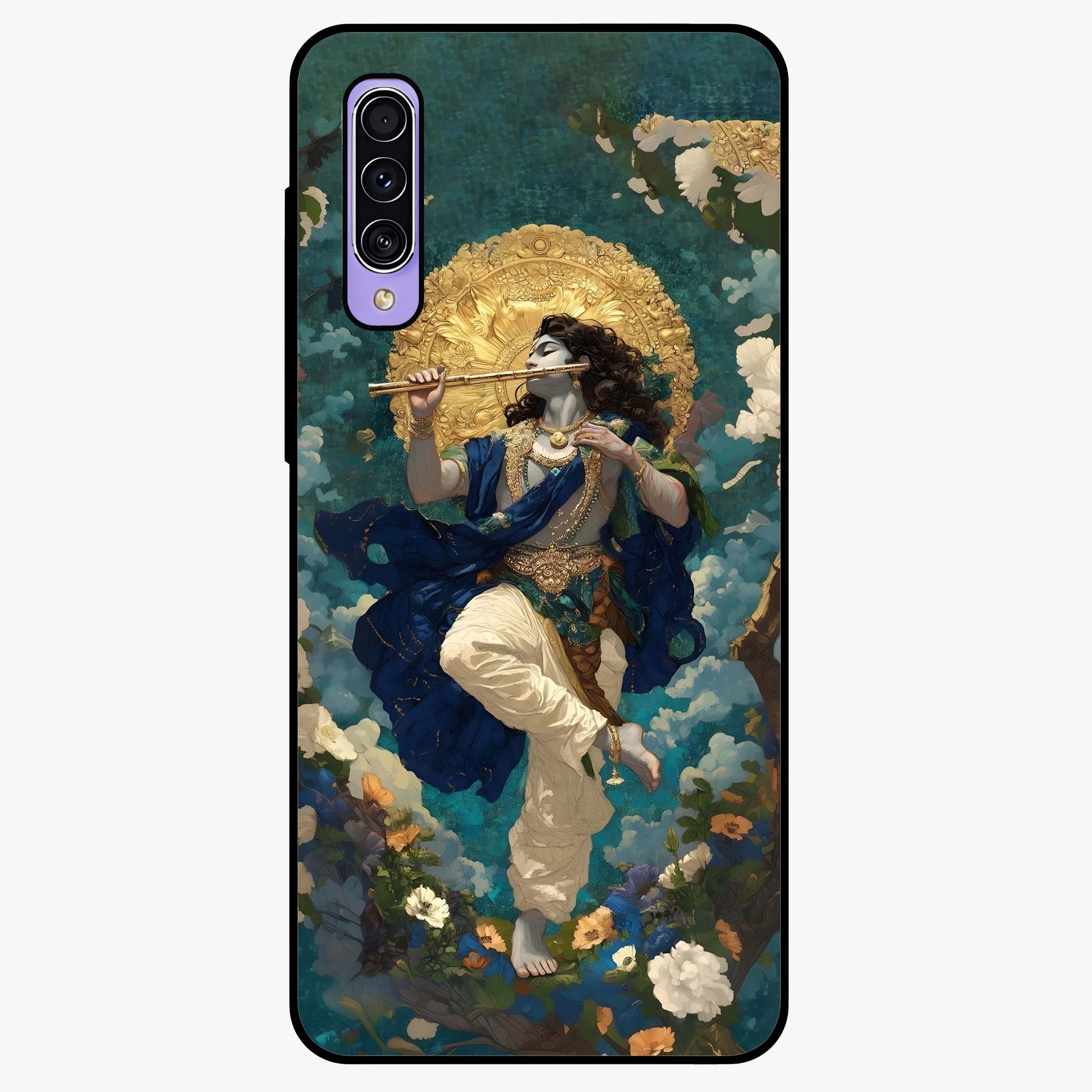 Divine Krishna Art Glass Case showing flat back view with Lord Krishna artwork and glossy glass finish.