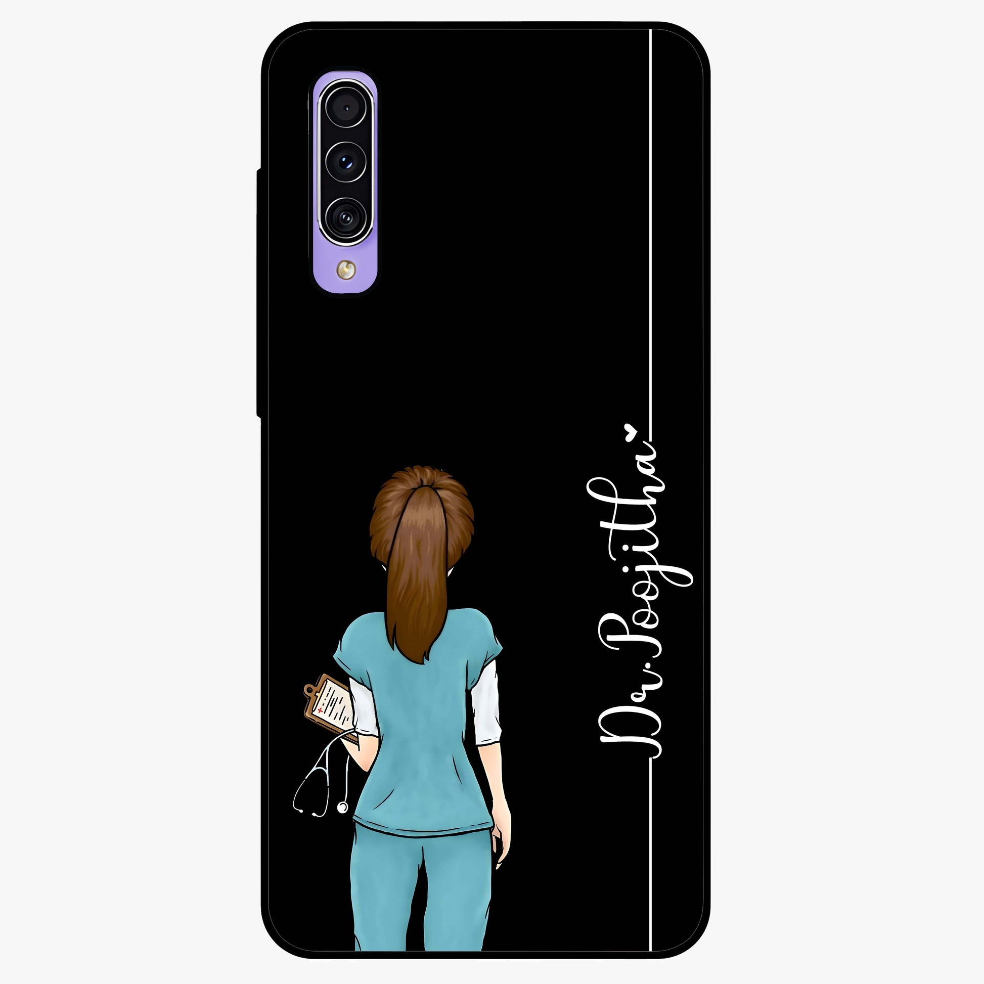 Doctor Pattern Custom Name Glass Case showing flat back view with medical themed pattern and personalized name design.