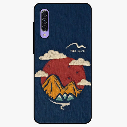 Dream Beyond Mountains Glass Case showing flat back view with scenic mountain landscape artwork and glossy glass finish.