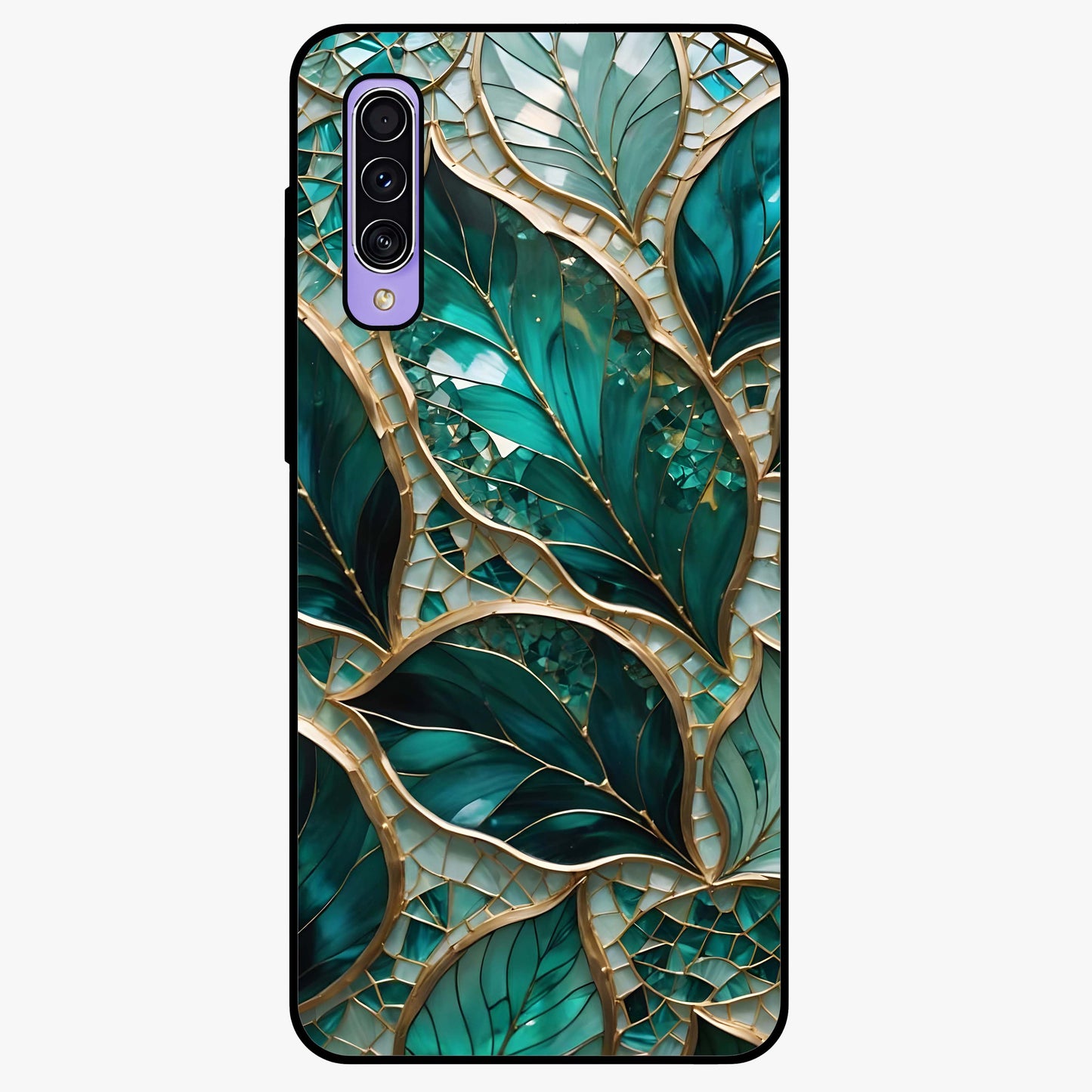 Emerald Leaf Glass Glass Case showing flat back view with emerald green leaf artwork and glossy glass finish.