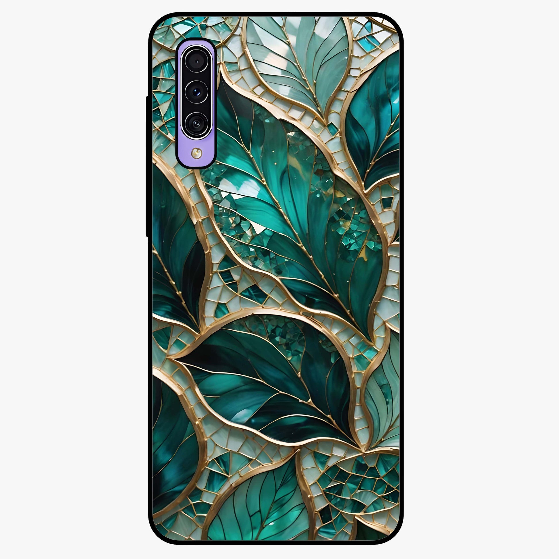 Emerald Leaf Glass Glass Case showing flat back view with emerald green leaf artwork and glossy glass finish.