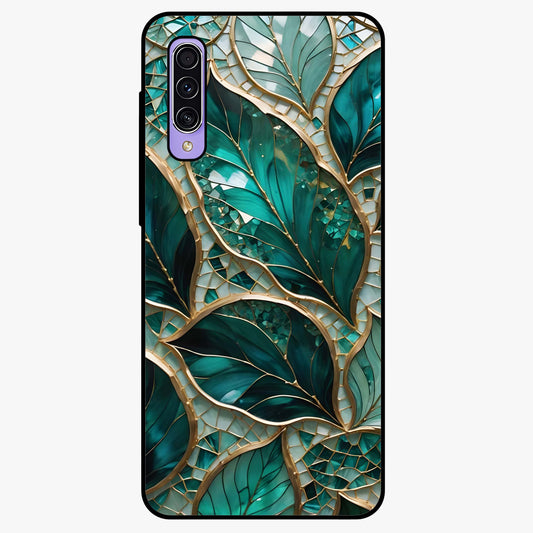 Emerald Leaf Glass Glass Case showing flat back view with emerald green leaf artwork and glossy glass finish.