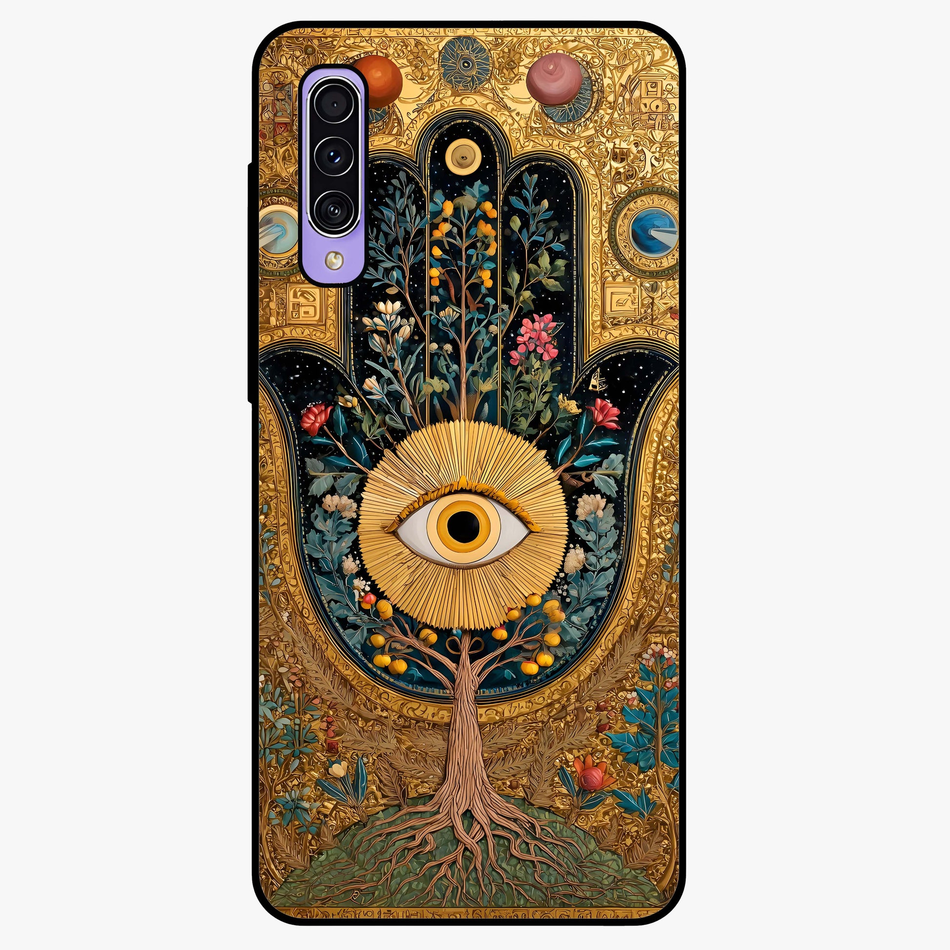 Ethereal Evil Eye Glass Case showing flat back view with mystical evil eye artwork and glossy glass finish.