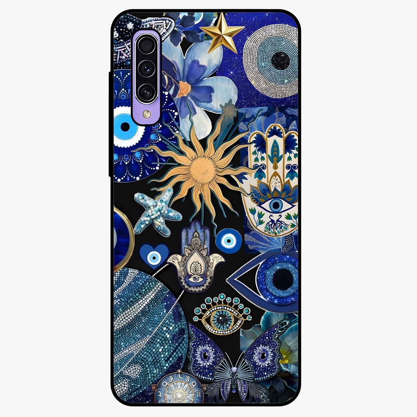 Evil Eye Charm Mix Glass Case showing flat back view with multiple evil eye charms artwork and glossy glass finish.