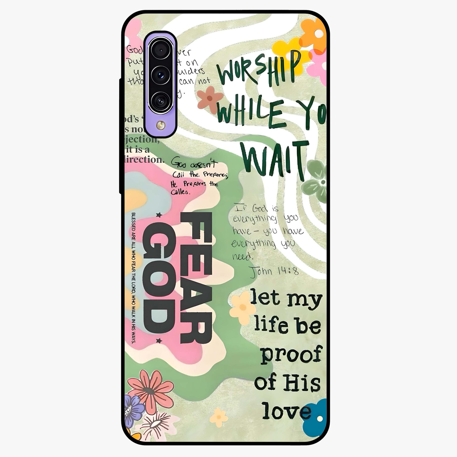 Faith Over Fear Glass Case showing flat back view with motivational typography artwork and glossy glass finish.