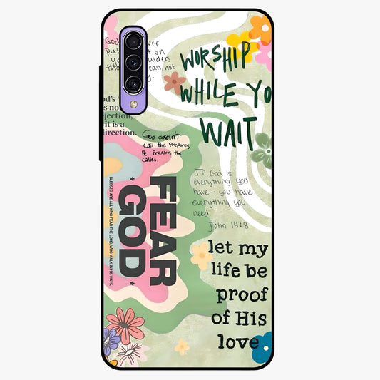 Faith Over Fear Glass Case showing flat back view with motivational typography artwork and glossy glass finish.