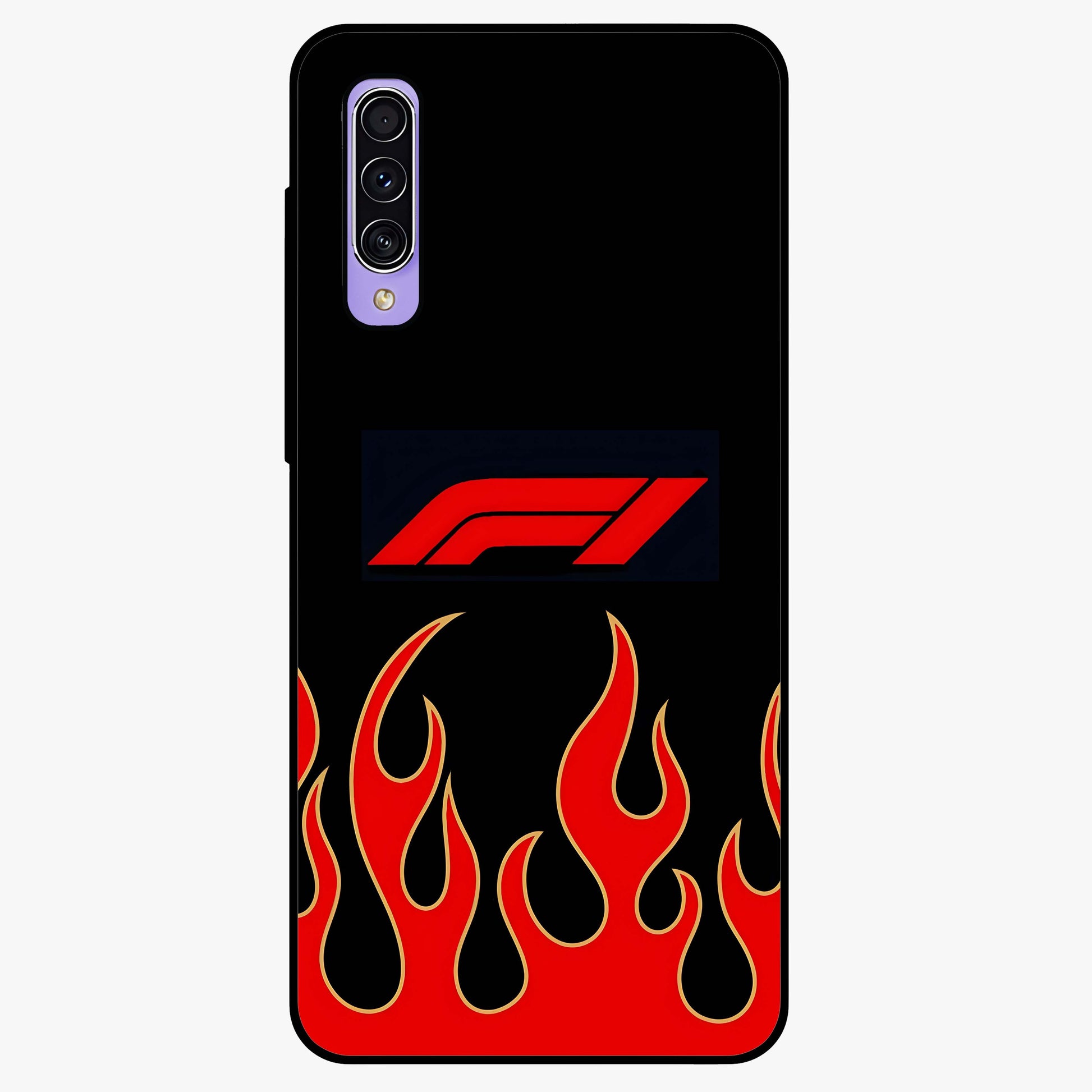 Fire F11 Glass Case showing flat back view with fiery themed artwork and glossy glass finish.