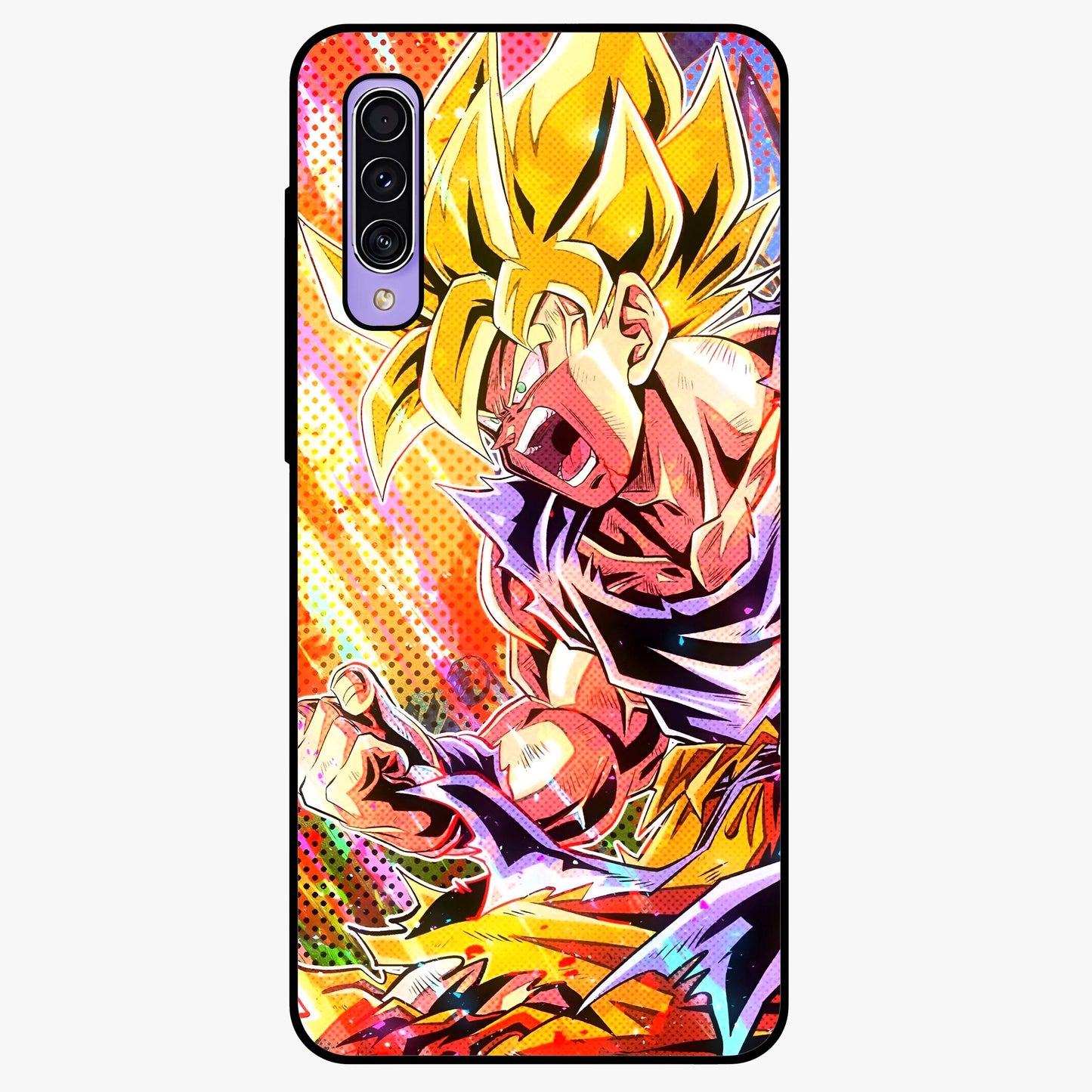 Firing Goku Glass Case showing flat back view with powerful anime inspired artwork and glossy glass finish.
