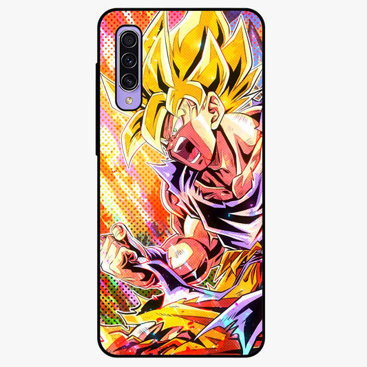 Firing Goku Glass Case showing flat back view with powerful anime inspired artwork and glossy glass finish.