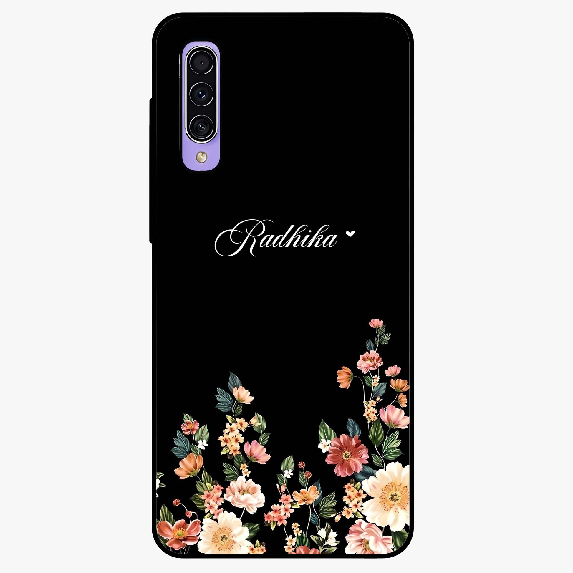 Floral Design With a Custom Personalized Name Glass Case showing flat back view with floral artwork and personalized name design.