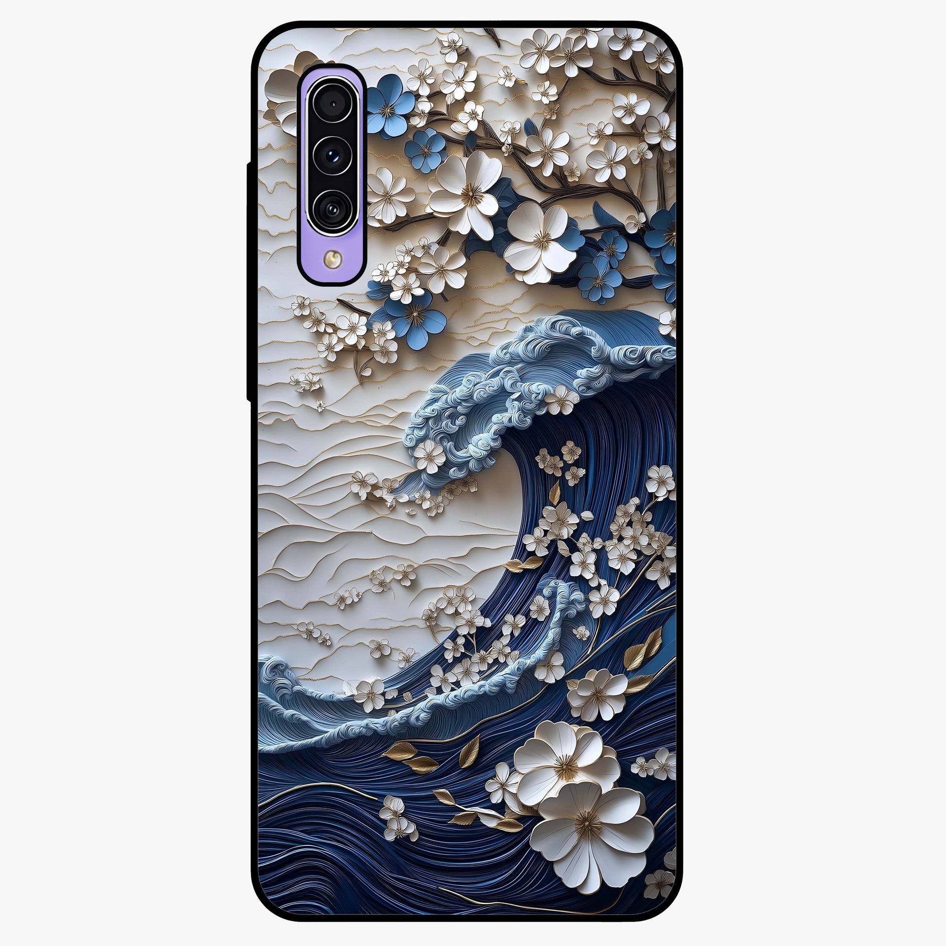 Floral Wave Origami Glass Case showing flat back view with origami inspired floral wave artwork and glossy glass finish.