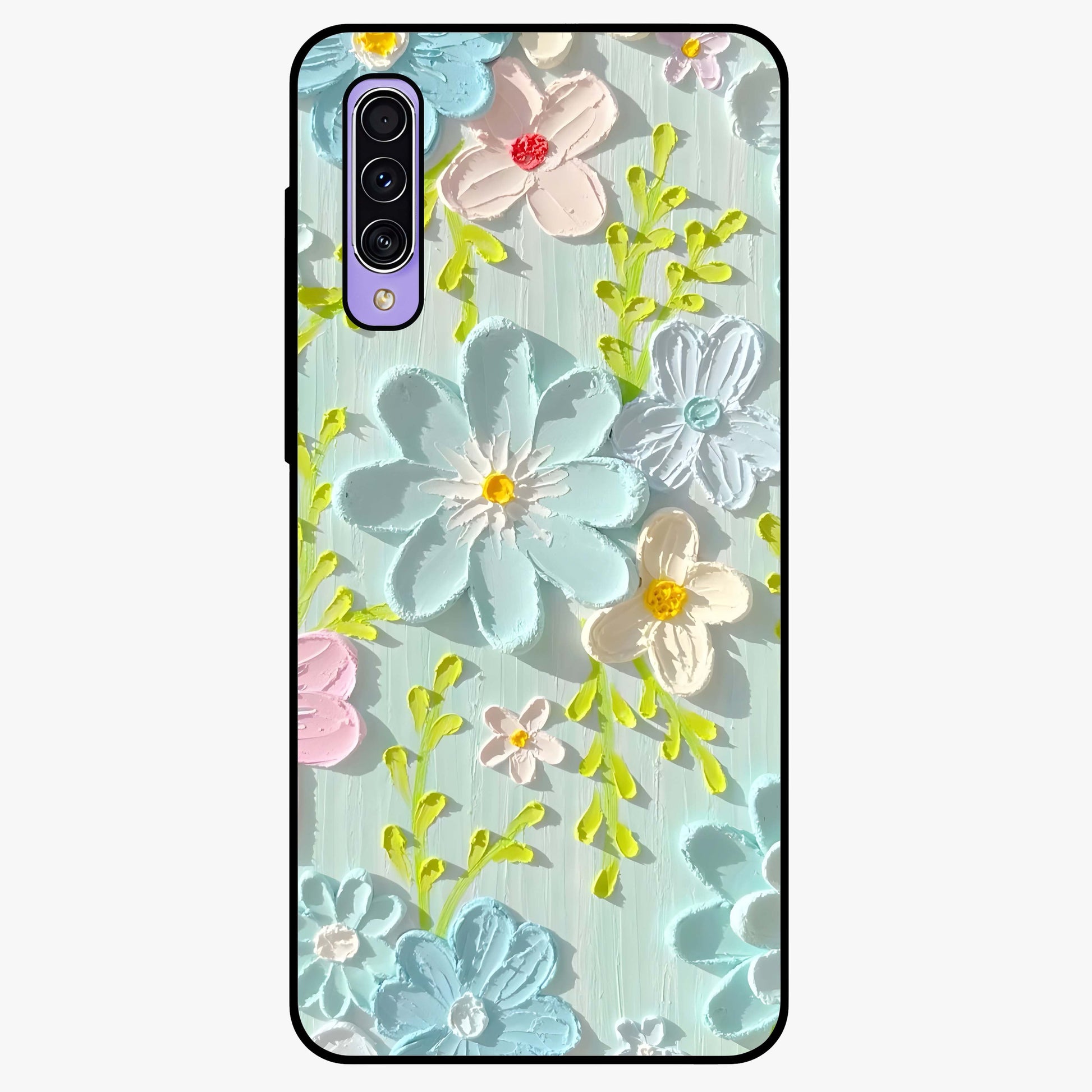 Frosted Petal Garden Glass Case showing flat back view with soft frosted floral artwork and glossy glass finish.