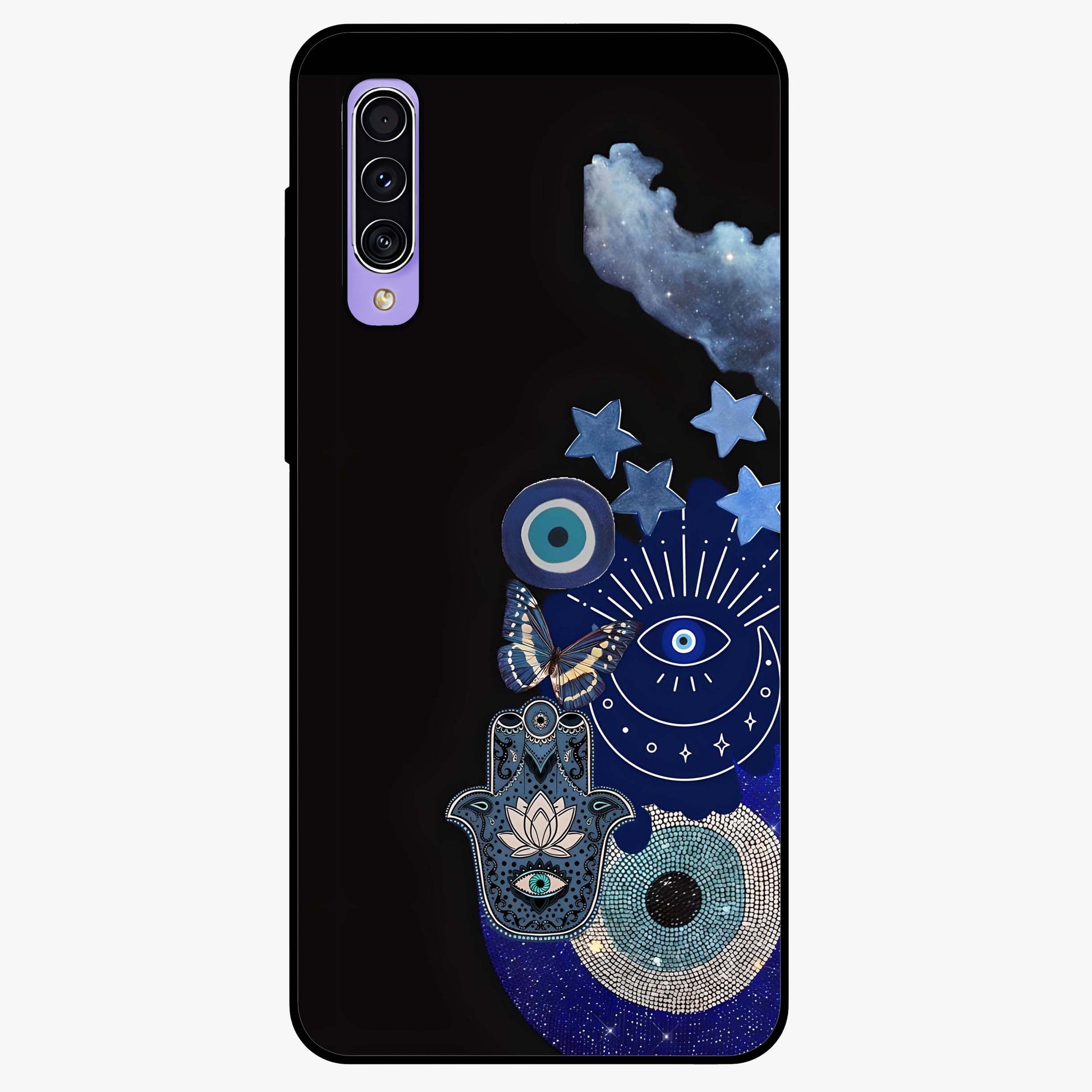 Galactic Charm Cluster Glass Case showing flat back view with glowing celestial charm artwork and glossy glass finish.