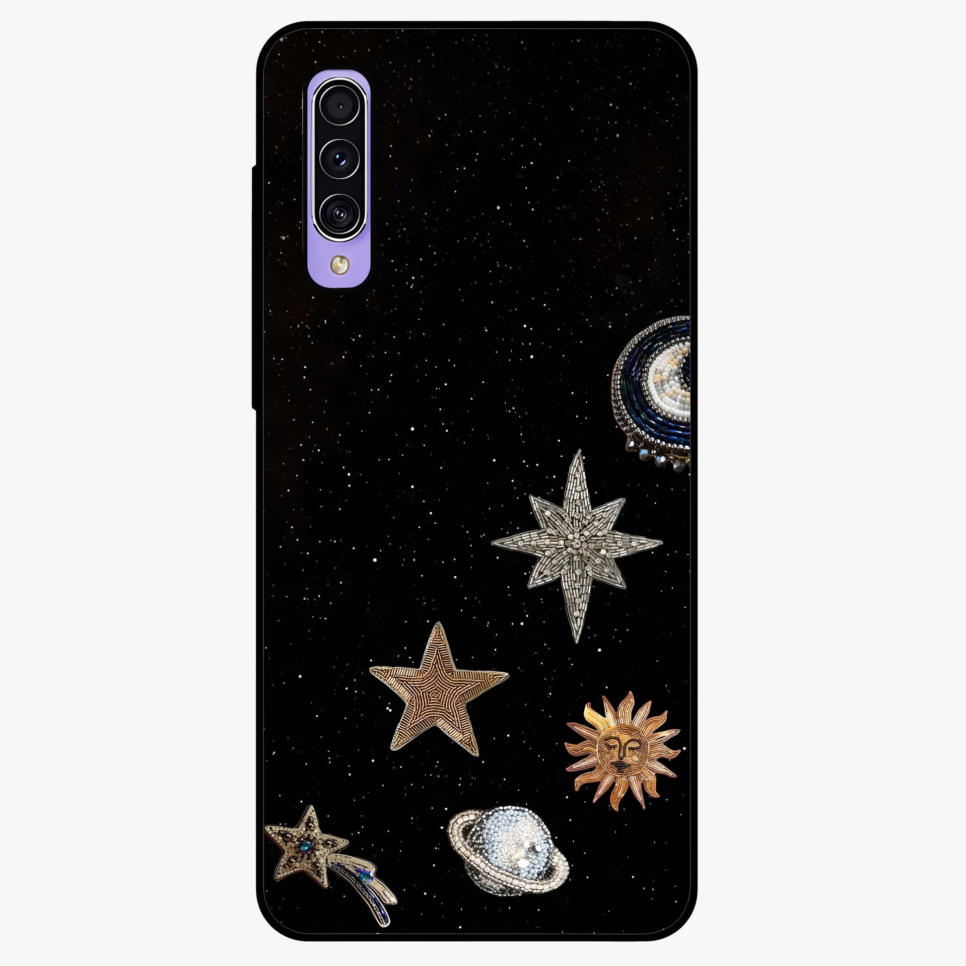 Galactic Charm Glow Glass Case showing flat back view with glowing celestial charm artwork and glossy glass finish.