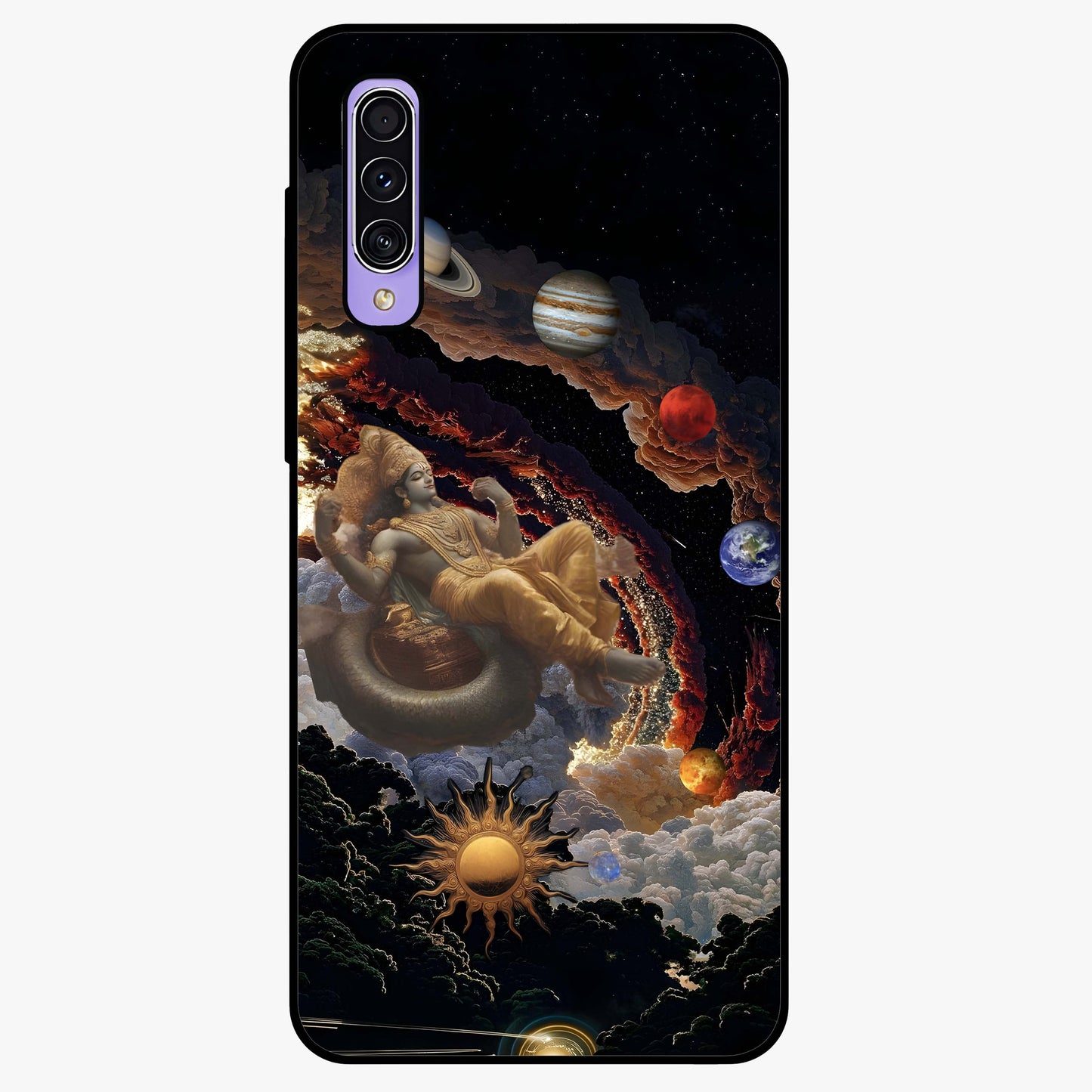 Galactic Divine God Glass Case showing flat back view with divine cosmic themed artwork and glossy glass finish.
