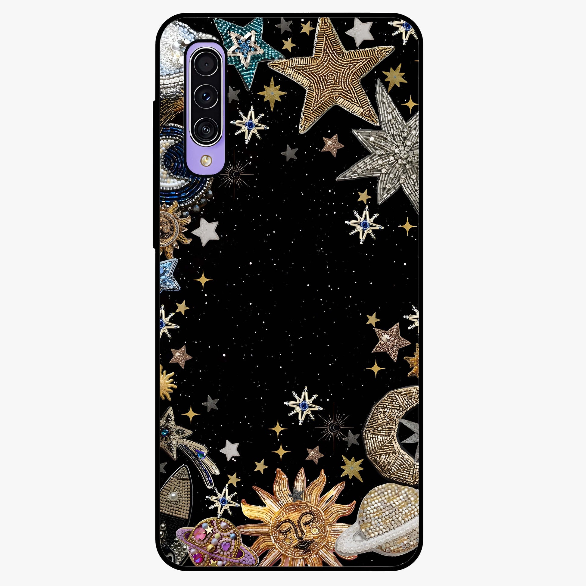 Galactic Jewel Stars Glass Case showing flat back view with sparkling star jewel artwork and glossy glass finish.
