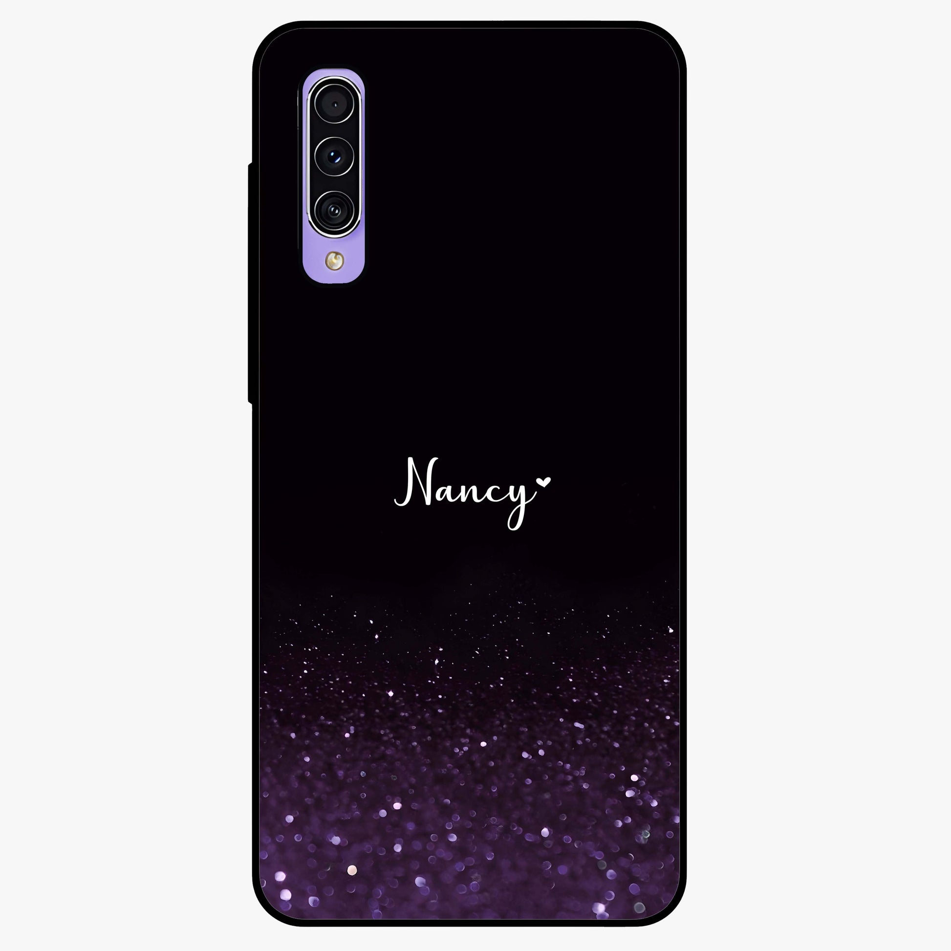 Glittery Purple Bokeh Custom Name Glass Case showing flat back view with purple bokeh sparkle artwork and personalized name design.