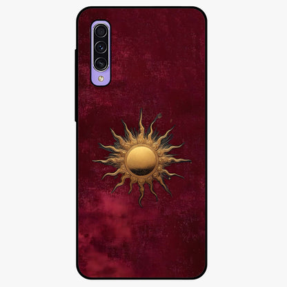 Gold Sun Blush Glass Case showing flat back view with golden sun inspired artwork and glossy glass finish.