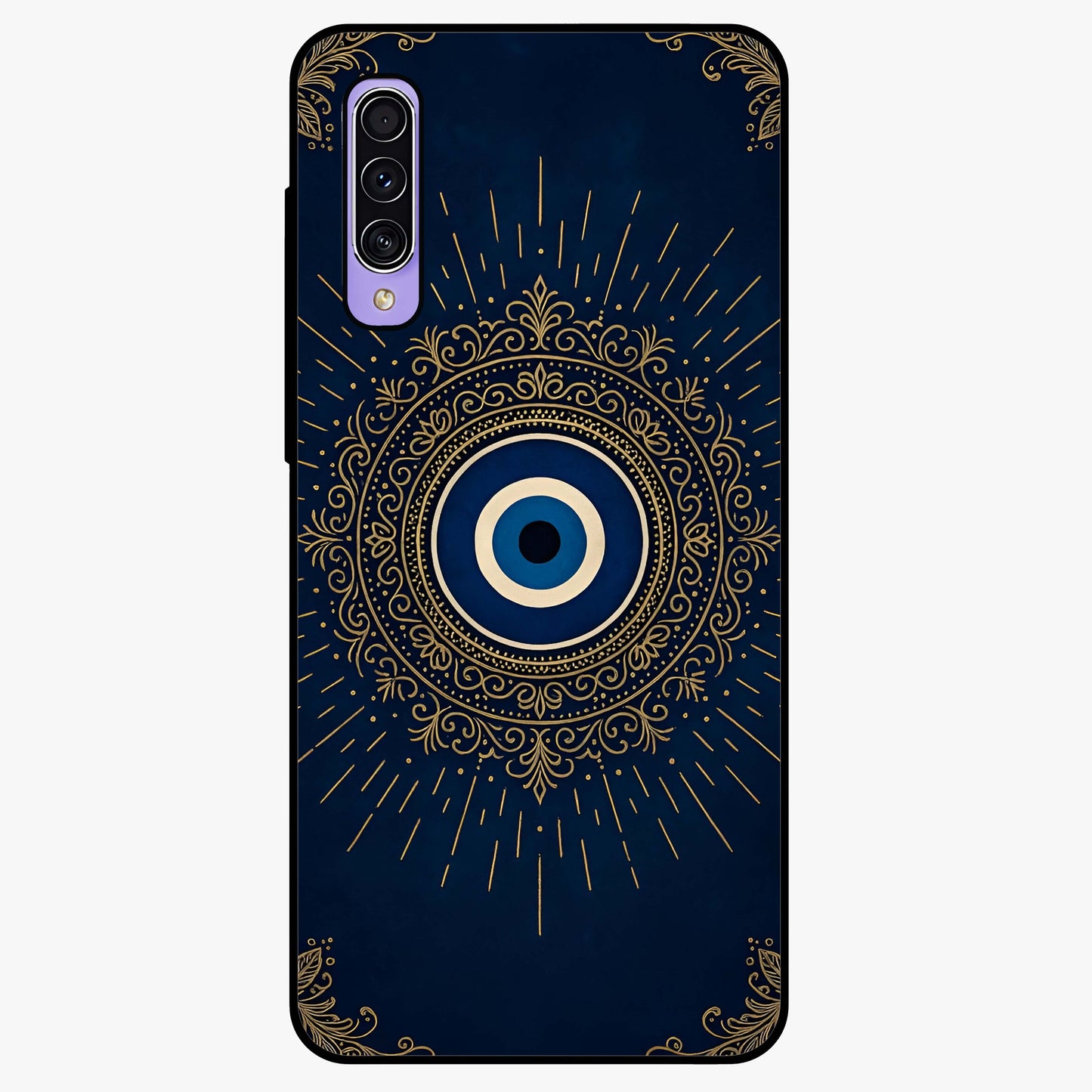 Golden Evil Eye Mandala Glass Case showing flat back view with intricate evil eye mandala artwork and glossy glass finish.
