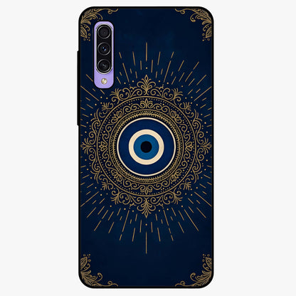Golden Evil Eye Mandala Glass Case showing flat back view with intricate evil eye mandala artwork and glossy glass finish.