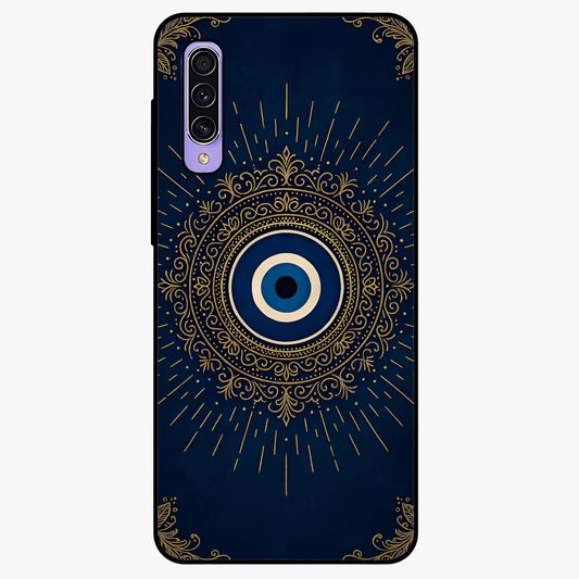Golden Evil Eye Mandala Glass Case showing flat back view with intricate evil eye mandala artwork and glossy glass finish.