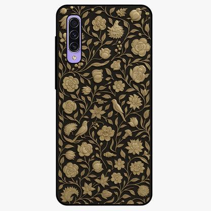 Golden Floral Majesty Glass Case showing flat back view with luxurious golden floral artwork and glossy glass finish.