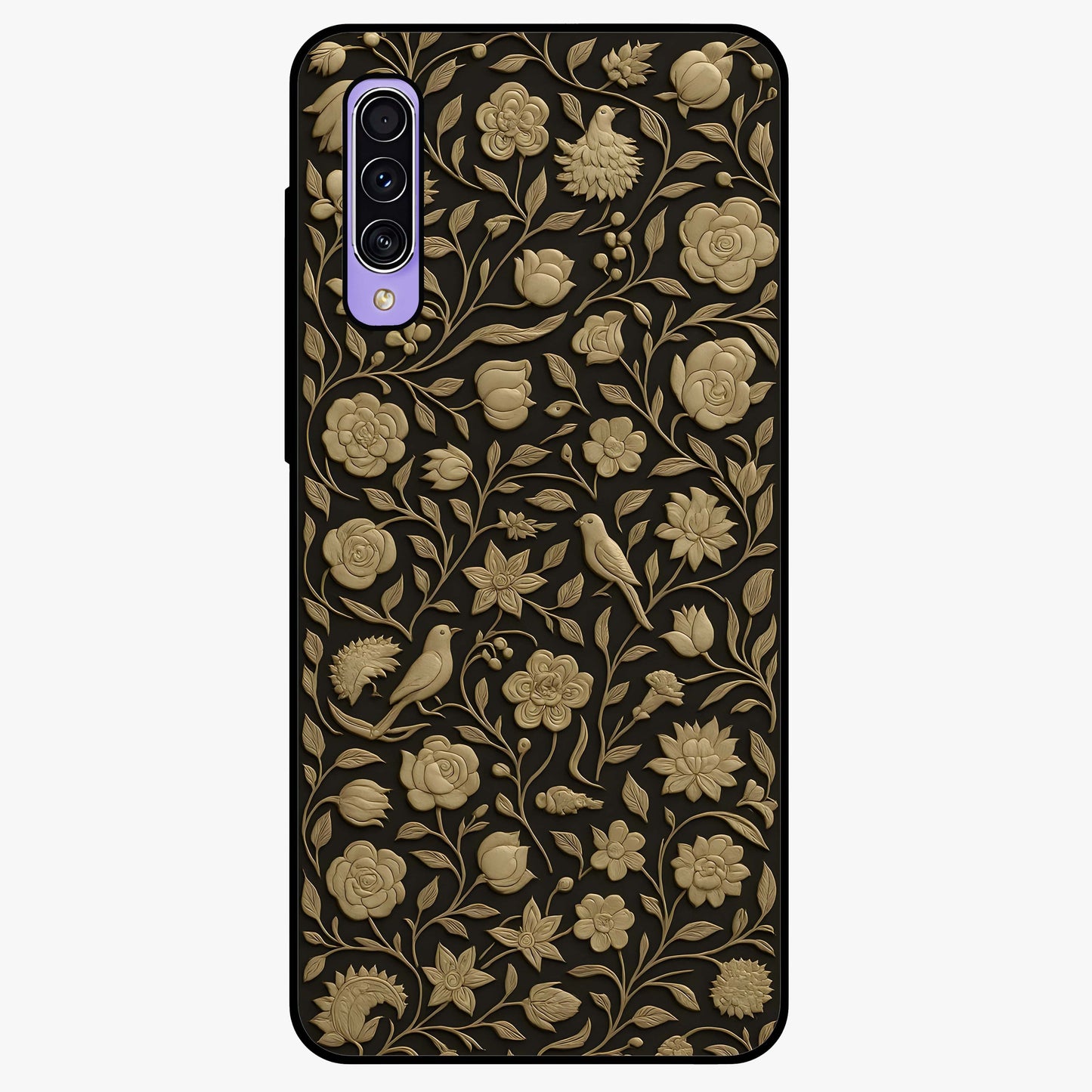 Golden Floral Majesty Glass Case showing flat back view with luxurious golden floral artwork and glossy glass finish.