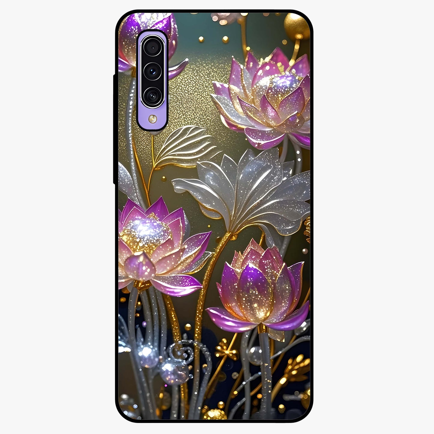 Golden Lotus Glow Glass Case showing flat back view with glowing lotus flower artwork and glossy glass finish.