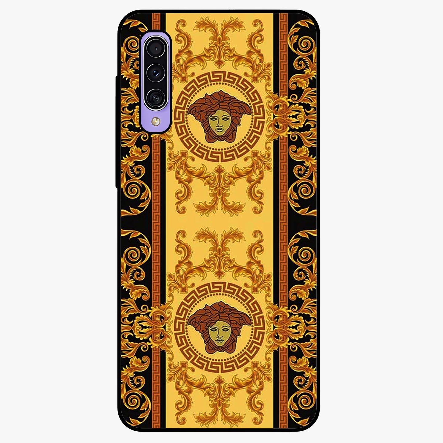 Golden Royal Heritage Glass Case showing flat back view with ornate royal pattern artwork and glossy glass finish.