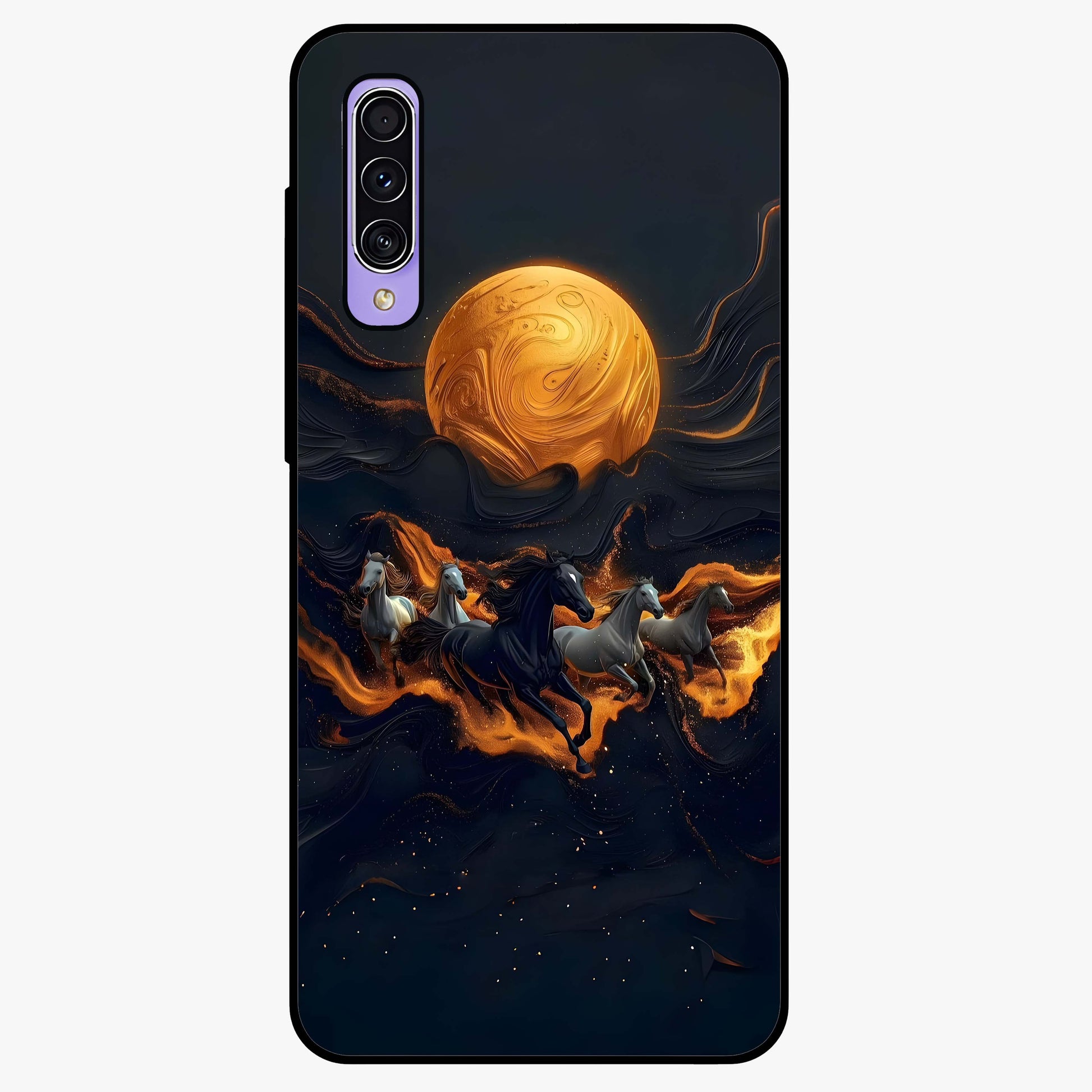 Golden Stallion Moonride Glass Case showing flat back view with majestic horse under moonlight artwork and glossy glass finish.
