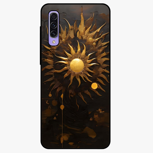 Golden Sun Majesty Glass Case showing flat back view with radiant golden sun artwork and glossy glass finish.