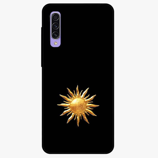 Golden Sun Minimalism Glass Case showing flat back view with minimal golden sun artwork and glossy glass finish.
