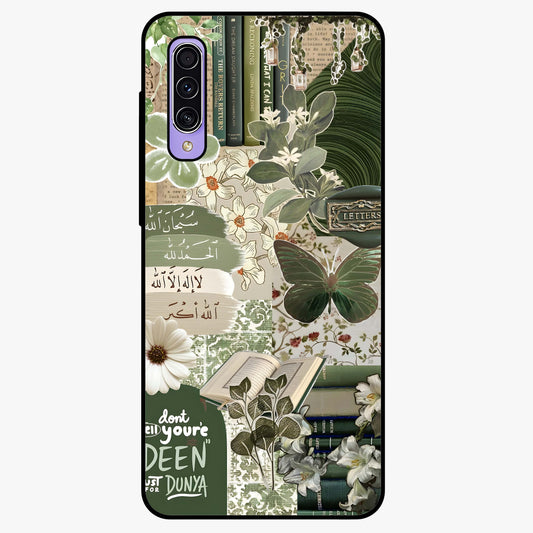 Green Islamic Books Quotes Glass Case showing flat back view with Islamic quotes and book themed artwork and glossy glass finish.